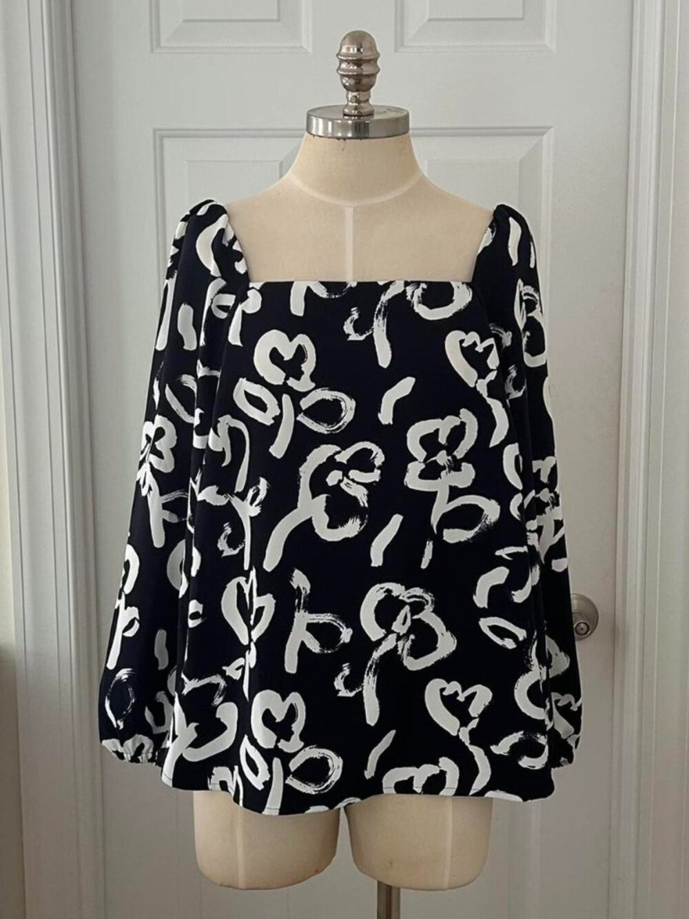 J.Crew dark navy and white floral abstract print blouse with square neckline
